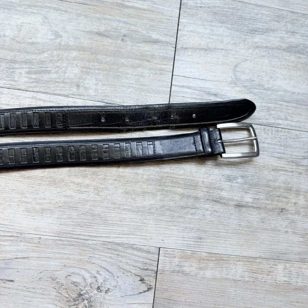 Vintage Black Genuine Leather Belt Textured Inlay Silver Buckle Size 36